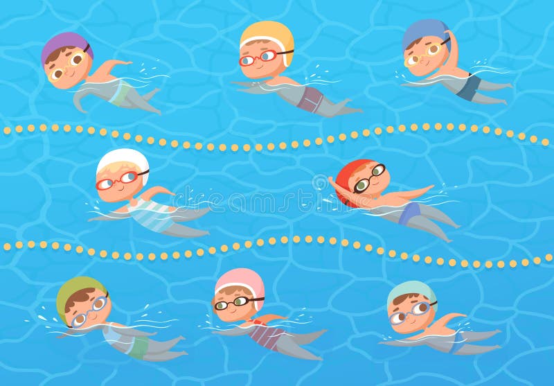 Kids in water pool. Children sport education swimming lesson vector cartoon clipart. Sport pool water, childhood fun, boy and girl swim illustration royalty free illustration Kids in water pool. Children sport education swimming lesson vector cartoon clipart. Sport pool water, childhood fun, boy and girl swim illustration royalty free illustration