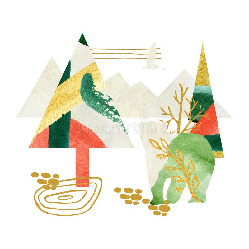 Kids watercolor woodland landscape forest and bear on a white isolated background. Child hand drawn abstract silhouette wild anima royalty free illustration Kids watercolor woodland landscape forest and bear on a white isolated background. Child hand drawn abstract silhouette wild anima royalty free illustration