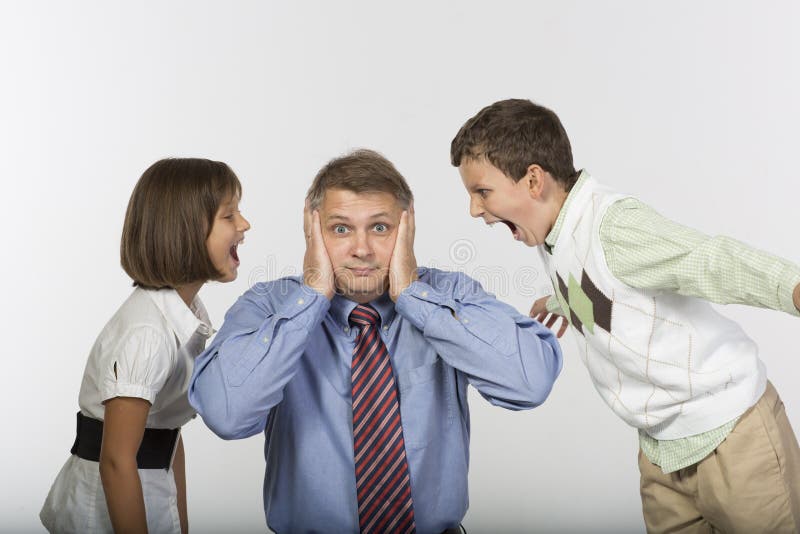 Kids yell into ears of dad stock image. Image of demand 33200271