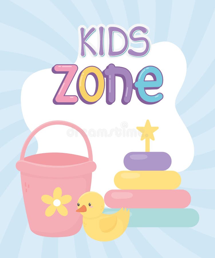 Kids zone, bucket rubber duck and puzzles tower toys sunburst background vector illustration