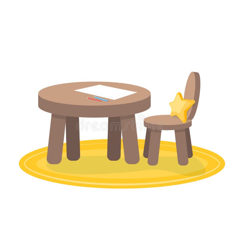 Kids zone, little table and chair for painting, children`s creativity. Isolated illustration on a white background