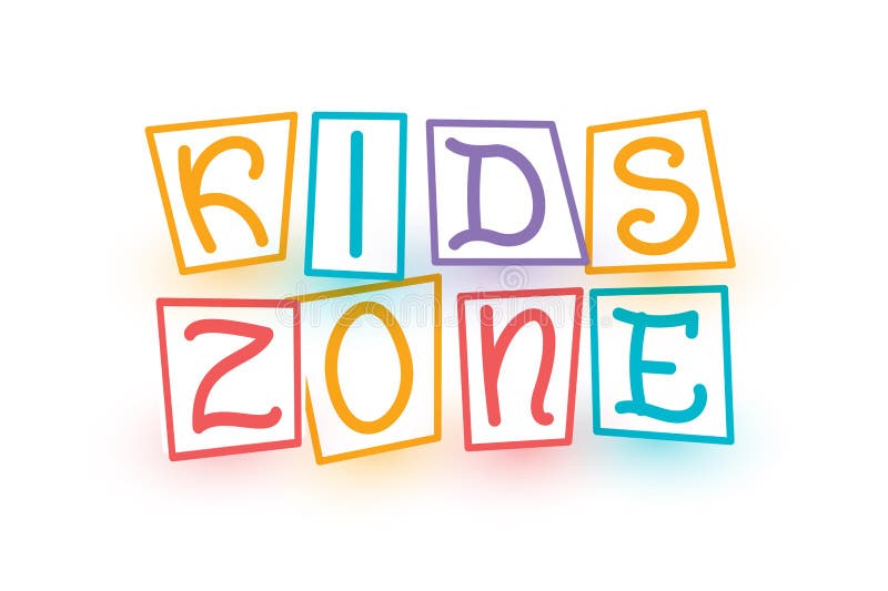 Kids Zone logo template. Cartoon colorful letters drawn by a child finger placed in children play cubes for little ones