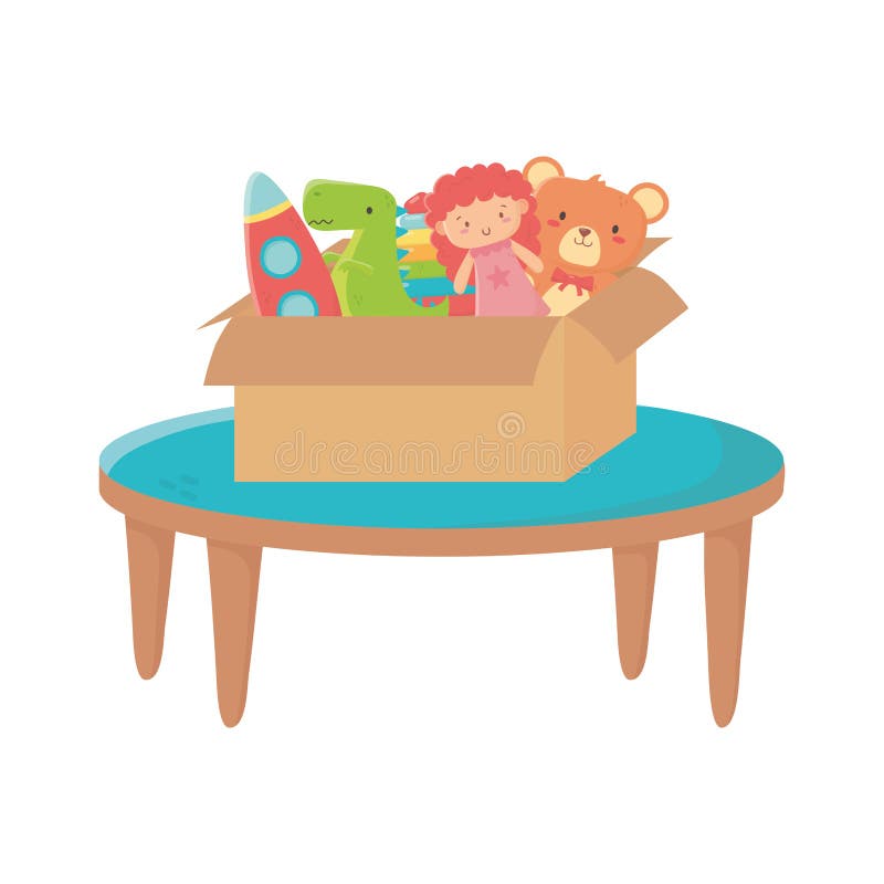 Kids Zone, Table with Box Filled Bear Doll Rocket Dinosaur Toys Stock