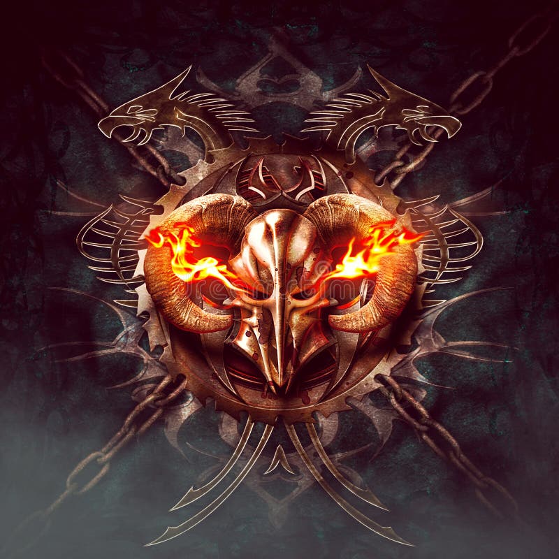 Kietelhelm met vlammen Versieringen, drakensilhouettes en kettingen op een donkere achtergrond vector illustratie Kietelhelm met vlammen Versieringen, drakensilhouettes en kettingen op een donkere achtergrond vector illustratie