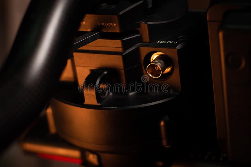 Kiev, Ukraine - August 14, 2021: sdi output for transferring video signal from the camera to the three-axis stabilizer dji ronin 2 royalty free stock photography