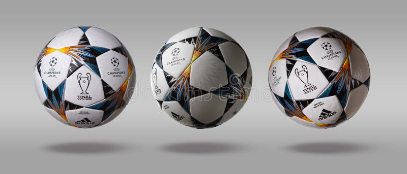 Kiev, Ukraine - February 22, 2018: Three turn the side Adidas official UEFA Champions League ball on a gray background