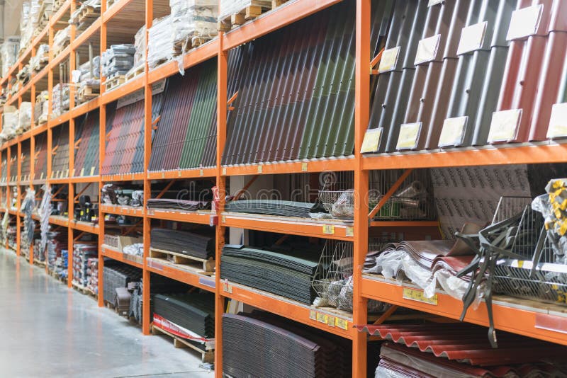 Kiev, Ukraine. July 19 2019 Roofing materials on shelves in a hardware store. Samples of roof and wall coatings at a hardware stock images Kiev, Ukraine. July 19 2019 Roofing materials on shelves in a hardware store. Samples of roof and wall coatings at a hardware stock images