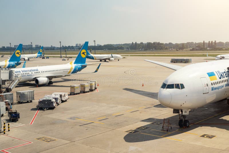 KIEV, UKRAINE - June 15, 2019: KBP Kiev Boryspil Airport is base home airport for Ukraine International Airlines .Big modern