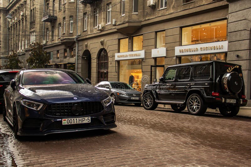 Kiev Ukraine June Luxury Mercedes Benz CLS D Car Is Parked In The City Wet Car