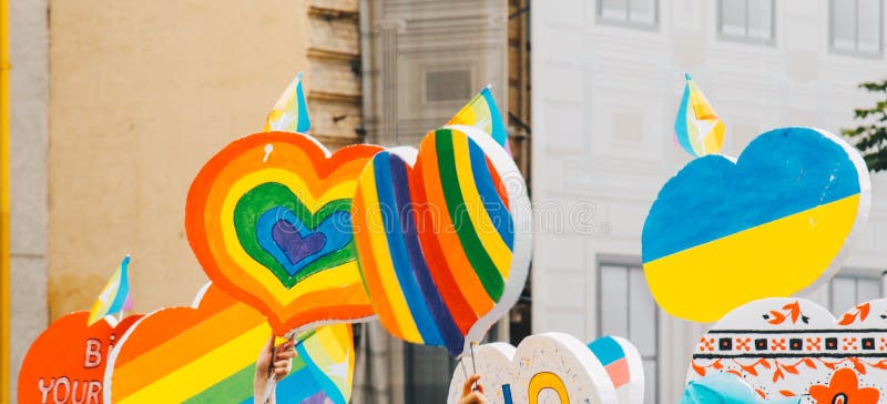 Kiev, Ukraine, 06.23.2019. LGBT parade, March of equality for the rights of gays, lesbians, transvestites. Gender non-binary stock photo Kiev, Ukraine, 06.23.2019. LGBT parade, March of equality for the rights of gays, lesbians, transvestites. Gender non-binary stock photo