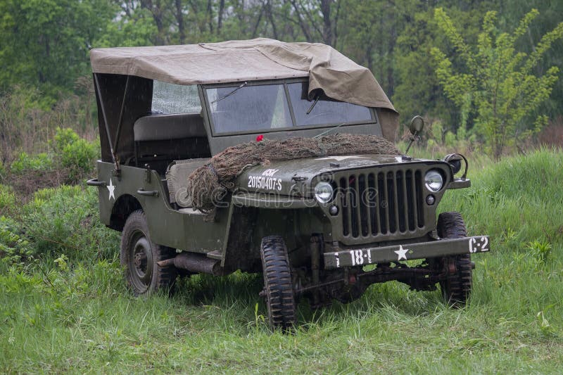 Kiev, Ukraine - May 09, 2019: Jeep of the American army at a historical reconstruction in honor of the anniversary of victory royalty free stock image Kiev, Ukraine - May 09, 2019: Jeep of the American army at a historical reconstruction in honor of the anniversary of victory royalty free stock image