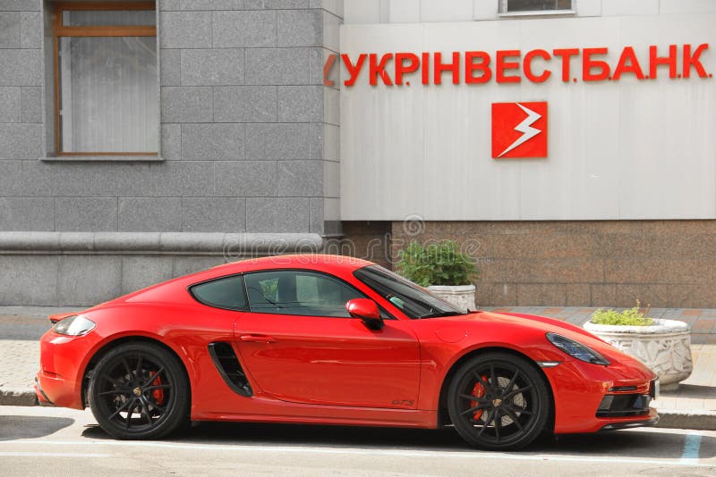 Kiev, Ukraine - May 3, 2019: Porsche 718 Cayman GTS in the city royalty free stock photography Kiev, Ukraine - May 3, 2019: Porsche 718 Cayman GTS in the city royalty free stock photography