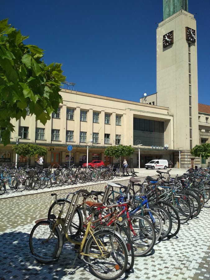 KIEV, UKRAINE - September 25, 2019: Modern representative building of the Main Railway Station and a huge bicycle parking. royalty free stock image KIEV, UKRAINE - September 25, 2019: Modern representative building of the Main Railway Station and a huge bicycle parking. royalty free stock image