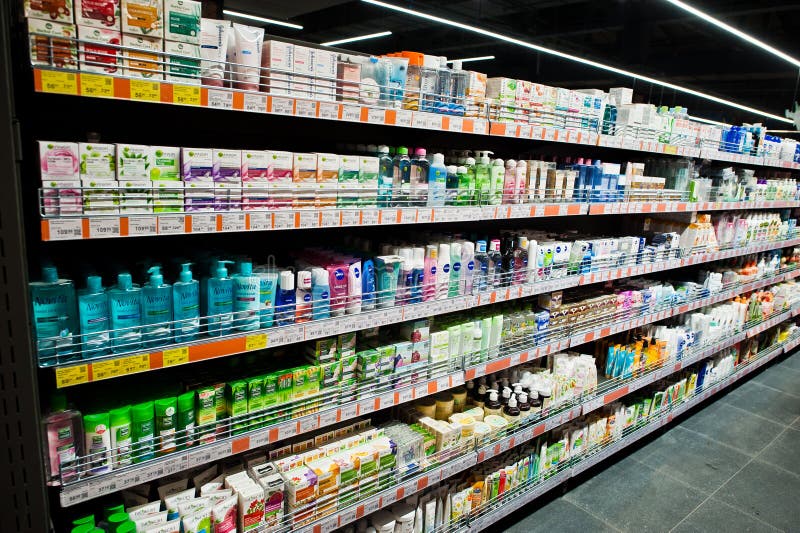 Kiev, Ukraine - September 4, 2019: Silpo supermarket. Feminine hygiene creams on the shelf of store