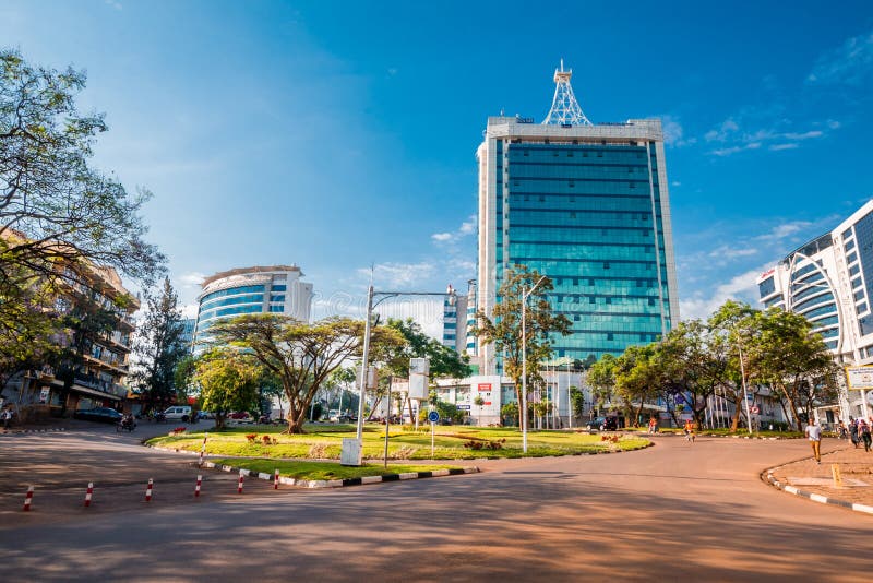 Kigali, Rwanda - September 21, 2018: Pension Plaza and surrounding buildings at the city centre roundabout