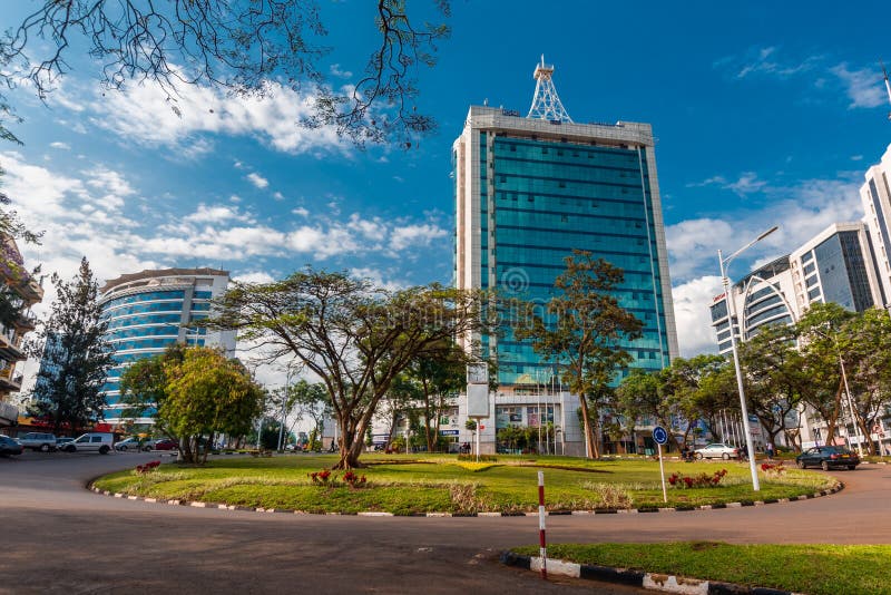 Kigali, Rwanda - September 21, 2018: Pension Plaza and surrounding buildings at the city centre roundabout