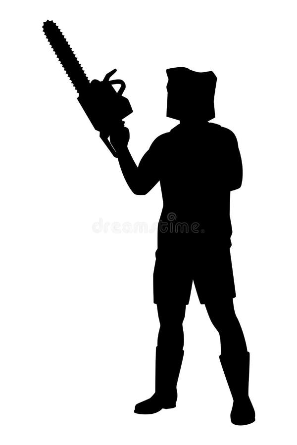 Killer with Chain Saw Machine, Hunter with Weapon Silhouette Vector on