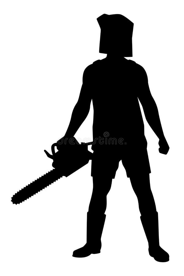 Killer with Chain Saw Machine, Hunter with Weapon Silhouette Vector on