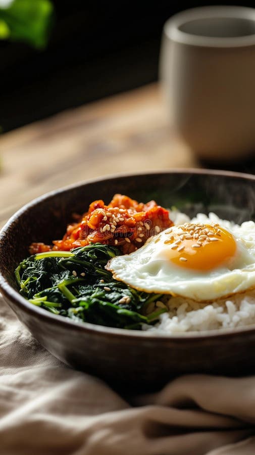 Kimchi mit Spinat und gebratenem Ei in einer gemütlichen Küche mit KI Generative KI stock abbildung