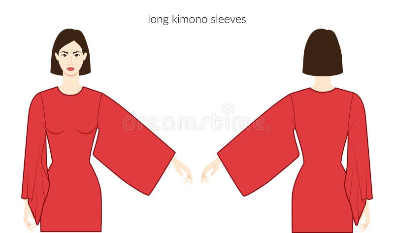 kimono sleeves long length clothes character beautiful lady red top shirt dress technical fashion illustration fitted body flat 266762164