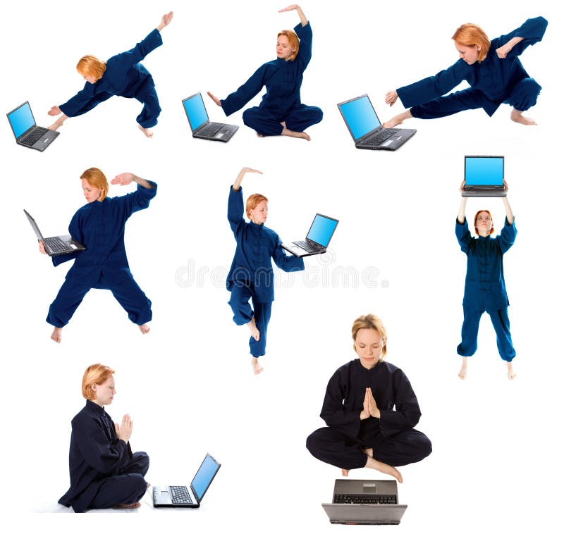 Young woman in kimono attend yoga with laptop on white background. Young woman in kimono attend yoga with laptop on white background