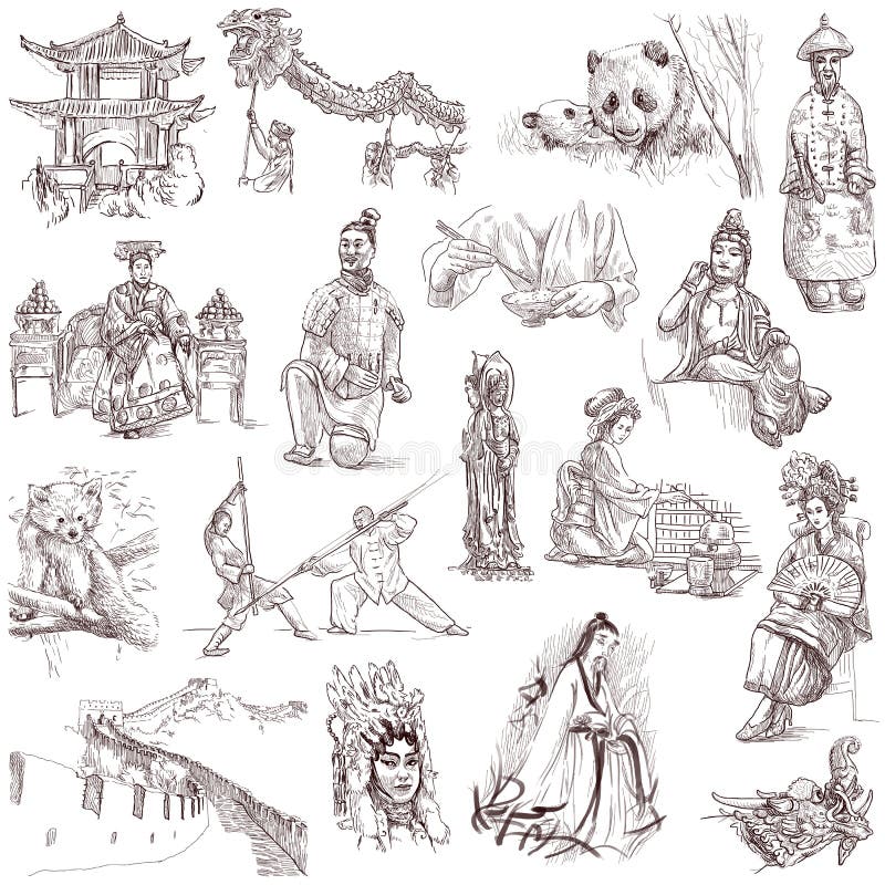 Traveling series: China - collection of an hand drawn illustrations. Description: full sized hand drawn illustrations isolated on white background. Traveling series: China - collection of an hand drawn illustrations. Description: full sized hand drawn illustrations isolated on white background.