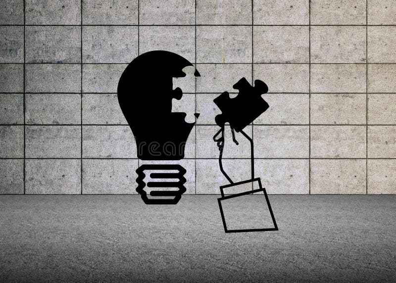 Light bulb puzzle in grey room vector illustration