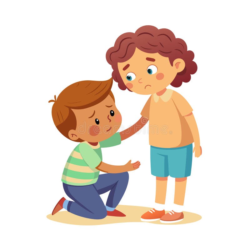 Kind Boy, утешающий грустную эмпатию друга, и иллюстрация поддержки иллюстрация штока