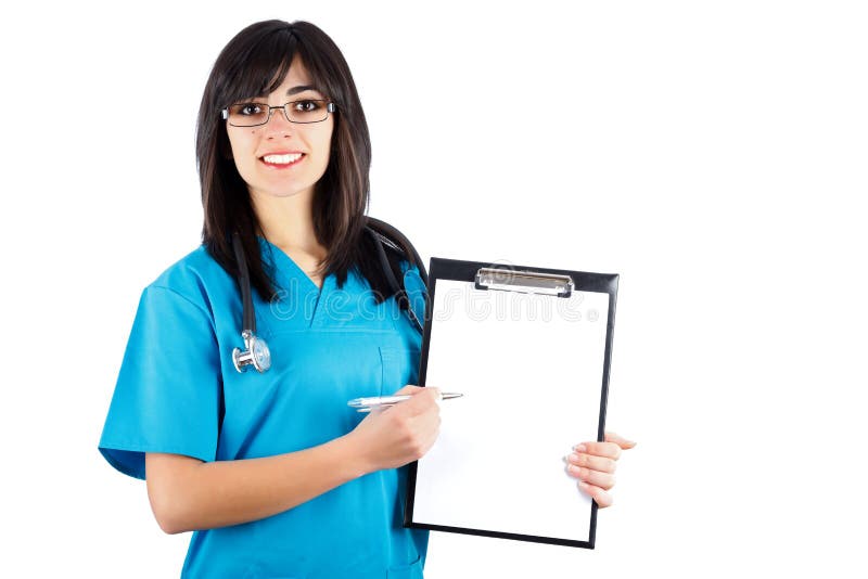 Kind brunette woman doctor/nurse in blue coat showing on her chart. Kind brunette woman doctor/nurse in blue coat showing on her chart.