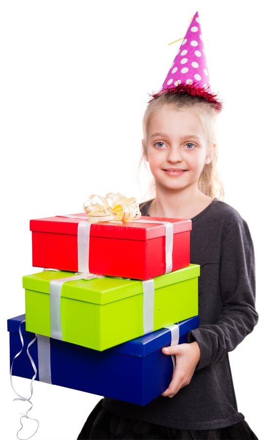 Kind met heel wat giftdozen in handen op geïsoleerde achtergrond stock fotografie Kind met heel wat giftdozen in handen op geïsoleerde achtergrond stock fotografie