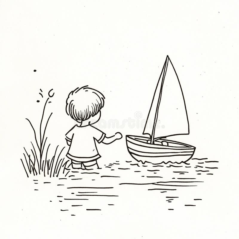 Kind mit Spielzeugschiff auf Teich segeln stock abbildung