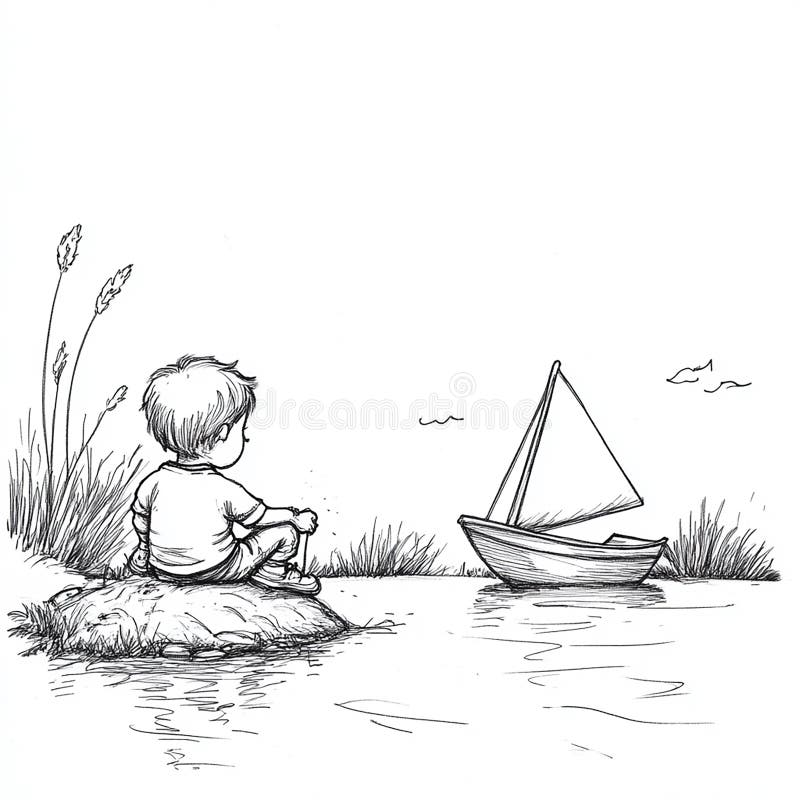 Kind mit Spielzeugschiff auf Teich segeln vektor abbildung