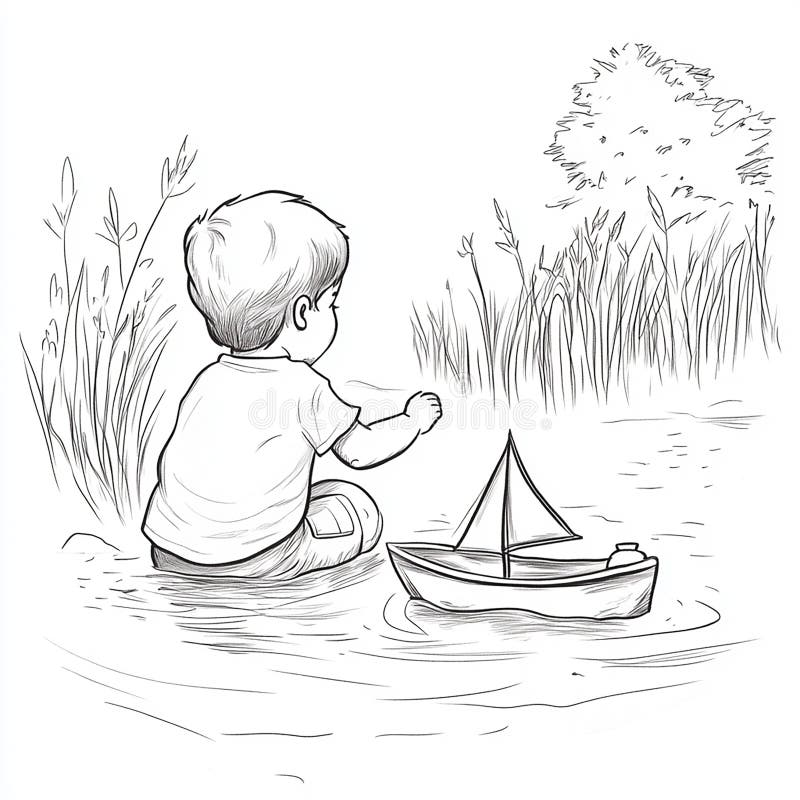Kind mit Spielzeugschiff auf Teich segeln vektor abbildung