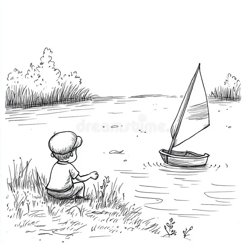 Kind mit Spielzeugschiff auf Teich segeln lizenzfreie abbildung
