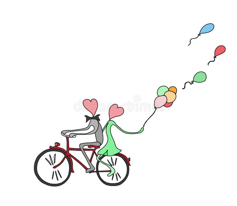 Kind` s tekening van een paar die een fiets berijden De dag van de valentijnskaart `s stock illustratie Kind` s tekening van een paar die een fiets berijden De dag van de valentijnskaart `s stock illustratie