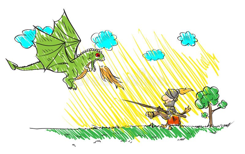 Kind-` s Zeichnung mit einem Drachen und einem Ritter stock abbildung Kind-` s Zeichnung mit einem Drachen und einem Ritter stock abbildung