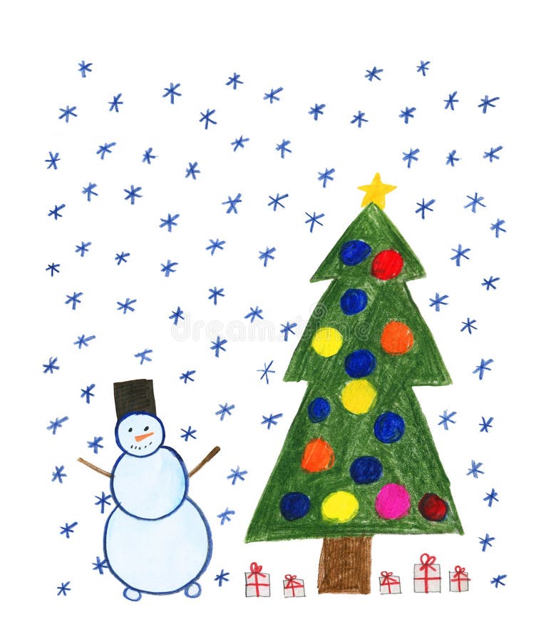 Kind-` s Zeichnung mit farbigen Bleistiften Schneemann schneef?lle Baum des neuen Jahres mit Spielwaren und Geschenken Getrennt a stock abbildung Kind-` s Zeichnung mit farbigen Bleistiften Schneemann schneef?lle Baum des neuen Jahres mit Spielwaren und Geschenken Getrennt a stock abbildung