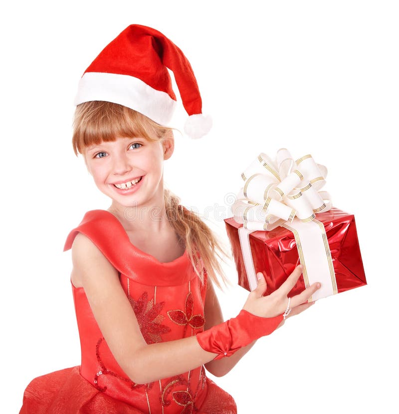 Kind in Sankt-Hut, der rote Geschenkbox hält. lizenzfreies stockfoto Kind in Sankt-Hut, der rote Geschenkbox hält. lizenzfreies stockfoto