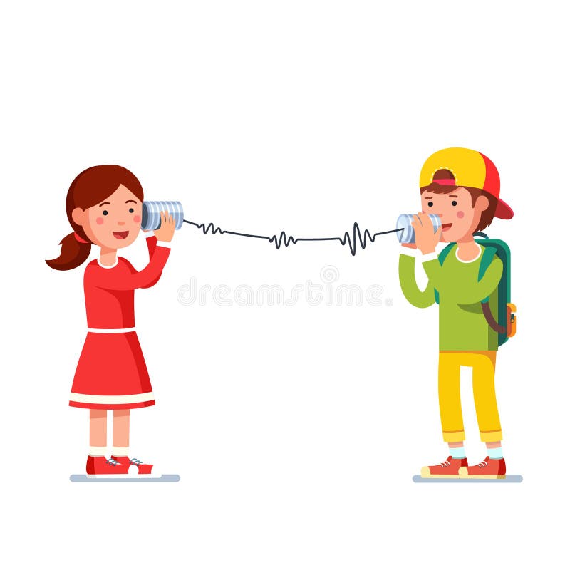Kinder das Mädchen und Junge, die auf verdrahteten Blechdosen sprechen, rufen an vektor abbildung Kinder das Mädchen und Junge, die auf verdrahteten Blechdosen sprechen, rufen an vektor abbildung