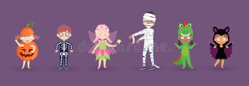 Kids in halloween costumes. Funny and cute carnival kids set. Vector illustration. Kids in halloween costumes. Funny and cute carnival kids set. Vector illustration.