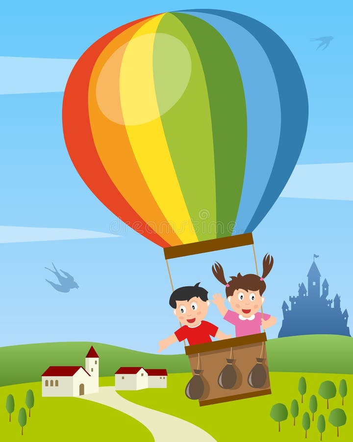 Kinder, die auf Heißluft-Ballon fliegen