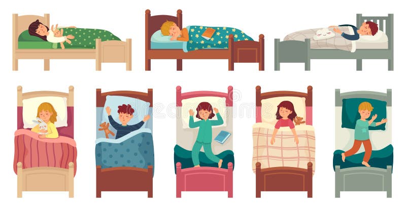 Kinder, die in den Betten schlafen. Kind im Bett schläft auf dem Beutel, Jungen und Mädchen, die schlummern Schlafenszeitvektor-I
