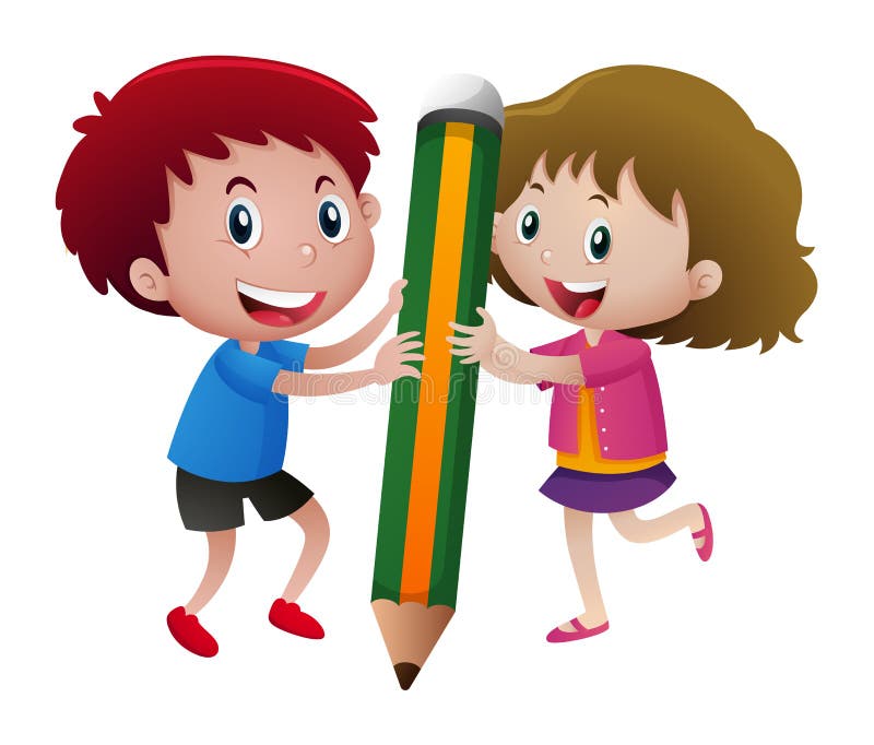 Kinder, Die Mit Großem Bleistift Schreiben Vektor Abbildung