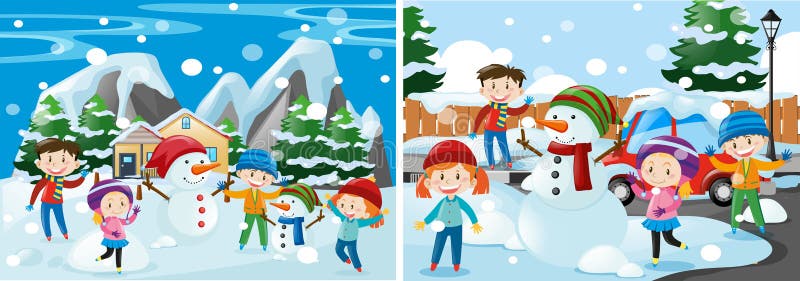 Kinder, die mit Schnee spielen stock abbildung Kinder, die mit Schnee spielen stock abbildung