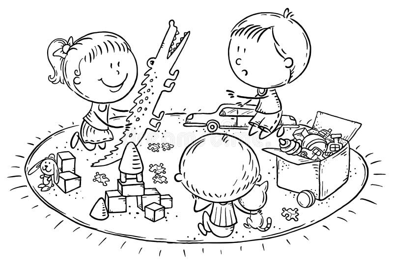 Kinder, die mit Spielzeug auf dem Teppich spielen stock abbildung Kinder, die mit Spielzeug auf dem Teppich spielen stock abbildung