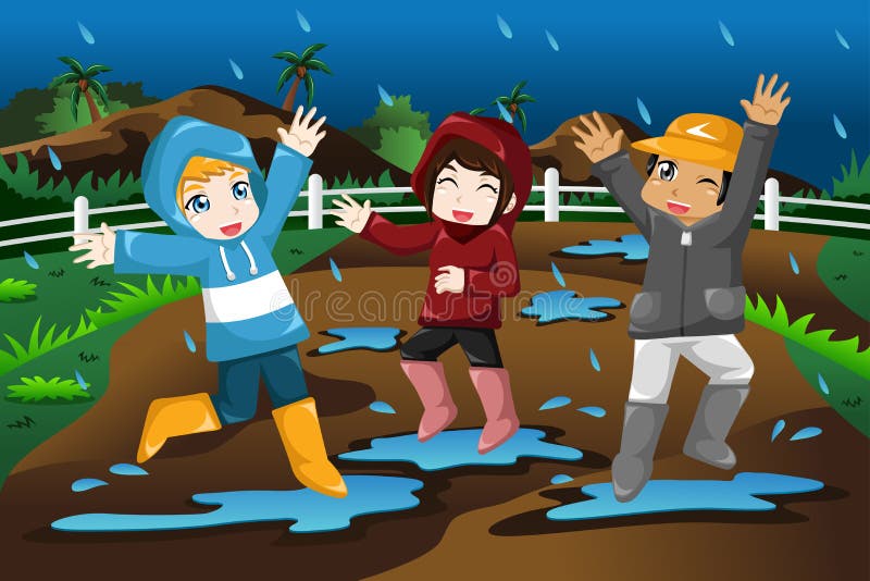 Kinder, die unter dem Regen spielen vektor abbildung Kinder, die unter dem Regen spielen vektor abbildung
