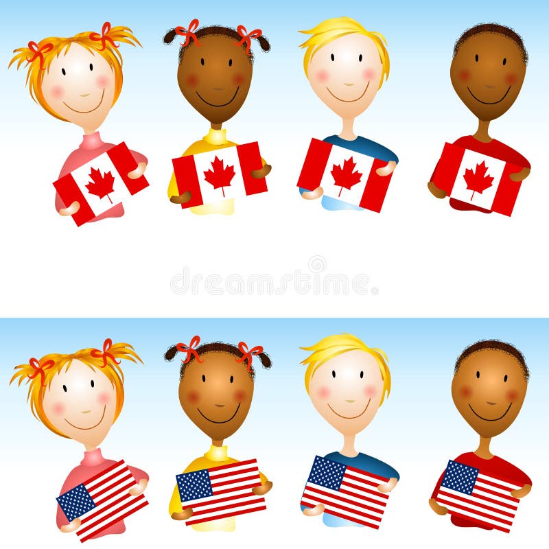 Kinder, die US-Kanadier-Markierungsfahnen anhalten stock abbildung Kinder, die US-Kanadier-Markierungsfahnen anhalten stock abbildung