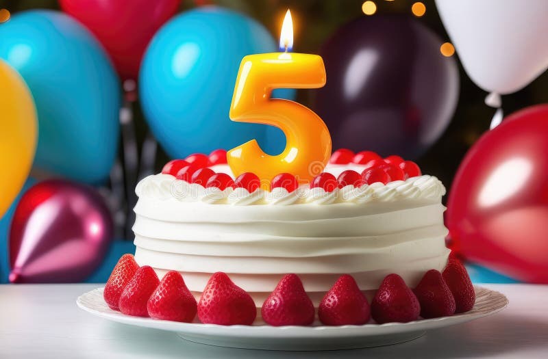 Kinder Geburtstagsparty mit Ballonkuchen mit Beeren und beleuchteter Kerze in Form von Nummer fünf stock abbildung