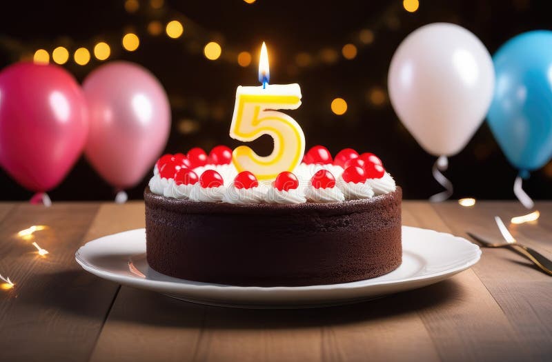 Kinder Geburtstagsparty mit Ballons Keks Kuchen mit beleuchteter Kerze in Form von Nummer fünf lizenzfreie abbildung