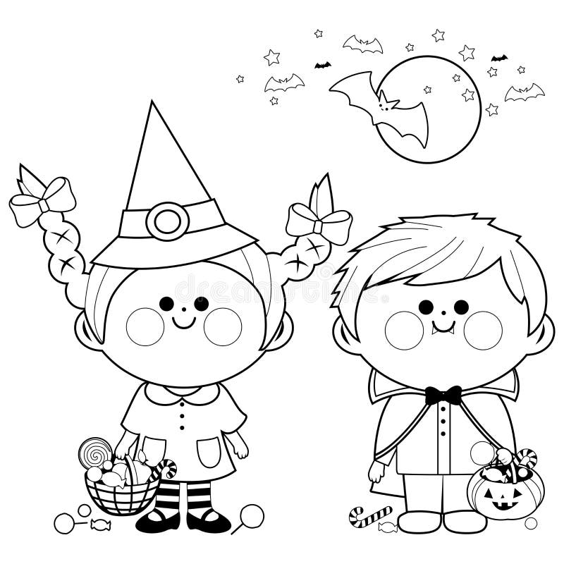 A girl and a boy in Halloween costumes, playing trick or treat. Vector black and white coloring page. A girl and a boy in Halloween costumes, playing trick or treat. Vector black and white coloring page.